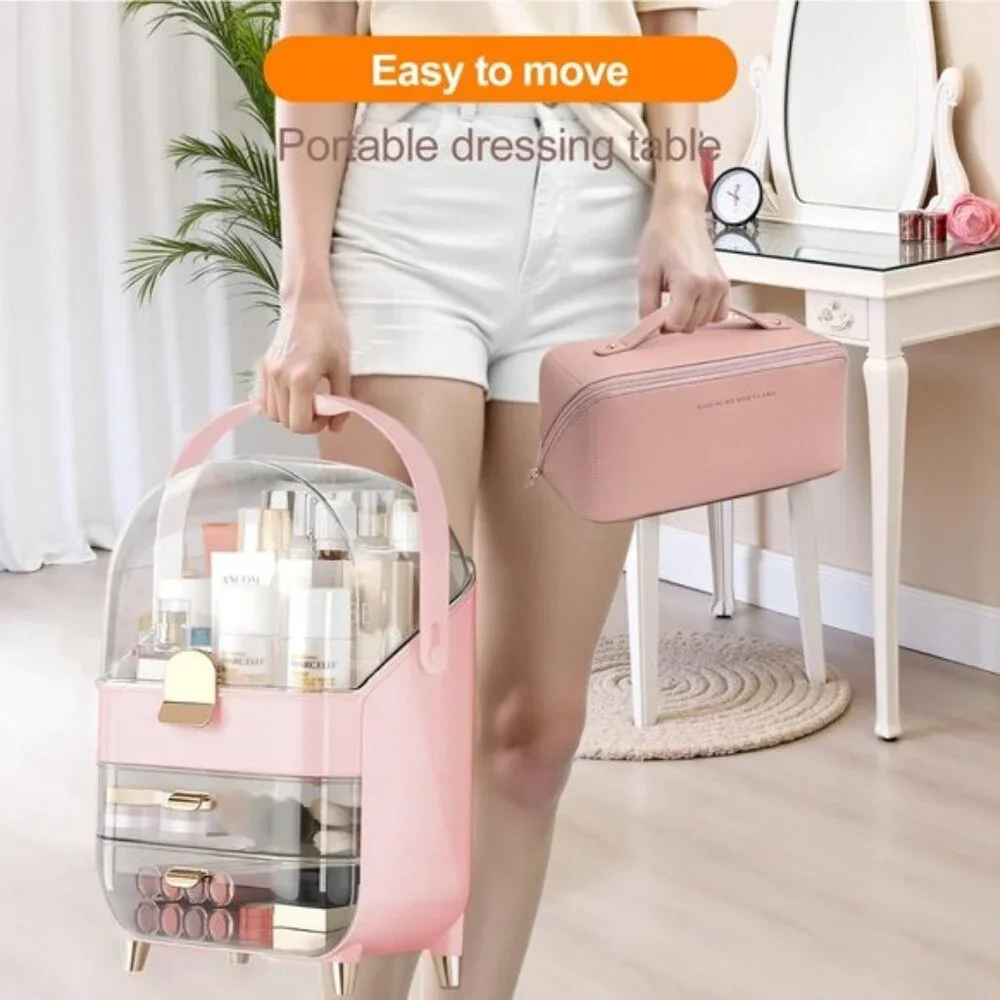 Pink Makeup Organizer, 2-Drawer Dustproof Vanity Storage with Lid for Skincare